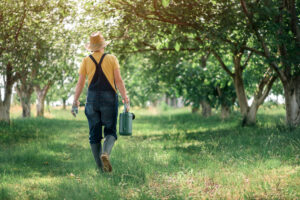 Bäuerin mit Gießkanne in biologischem Obstgarten